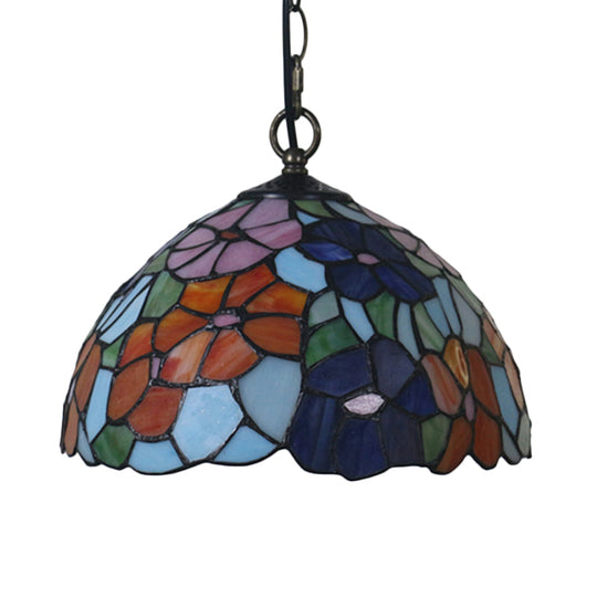 Mediterranean Black Blossom Down Lighting Pendant Light With 1 Stained Glass Red/Yellow/Blue Shade