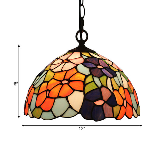 Mediterranean Black Blossom Down Lighting Pendant Light With 1 Stained Glass Red/Yellow/Blue Shade