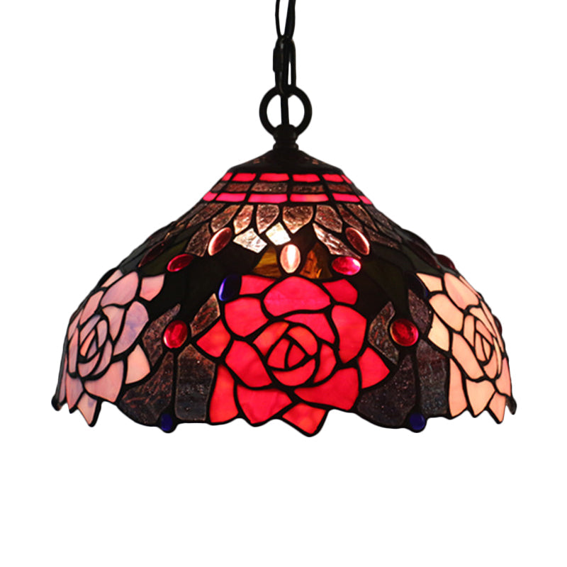 Mediterranean Black Blossom Down Lighting Pendant Light With 1 Stained Glass Red/Yellow/Blue Shade