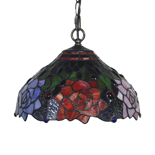 Mediterranean Black Blossom Down Lighting Pendant Light with Colorful Stained Glass - 1 Light