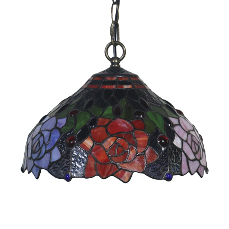 Mediterranean Black Blossom Down Lighting Pendant Light With 1 Stained Glass Red/Yellow/Blue Shade