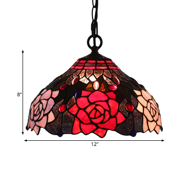 Mediterranean Black Blossom Down Lighting Pendant Light With 1 Stained Glass Red/Yellow/Blue Shade