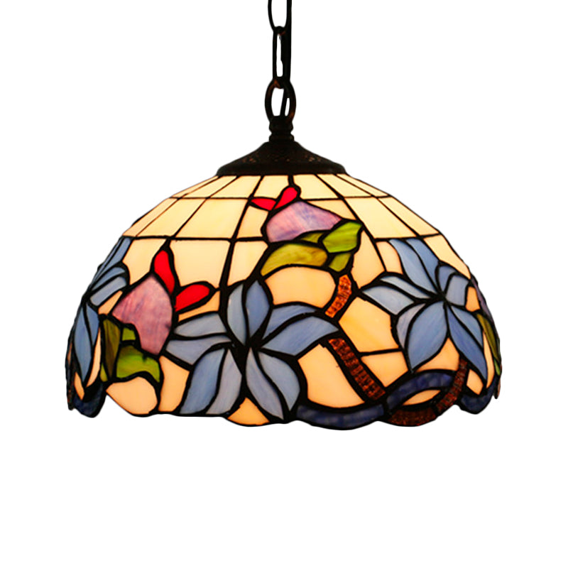 Mediterranean Black Blossom Down Lighting Pendant Light With 1 Stained Glass Red/Yellow/Blue Shade