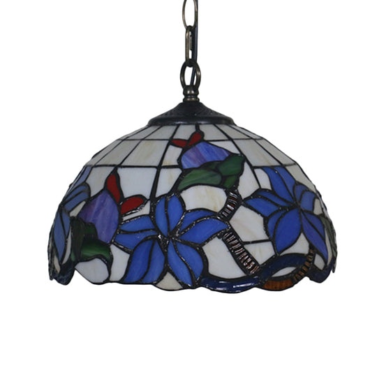 Mediterranean Black Blossom Down Lighting Pendant Light with Colorful Stained Glass - 1 Light