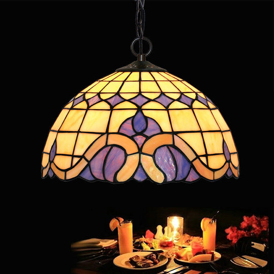 Tiffany-Style Blue Stained Glass Domed Drop Pendant Light - Coffee Chandelier For Dining Room (12/16