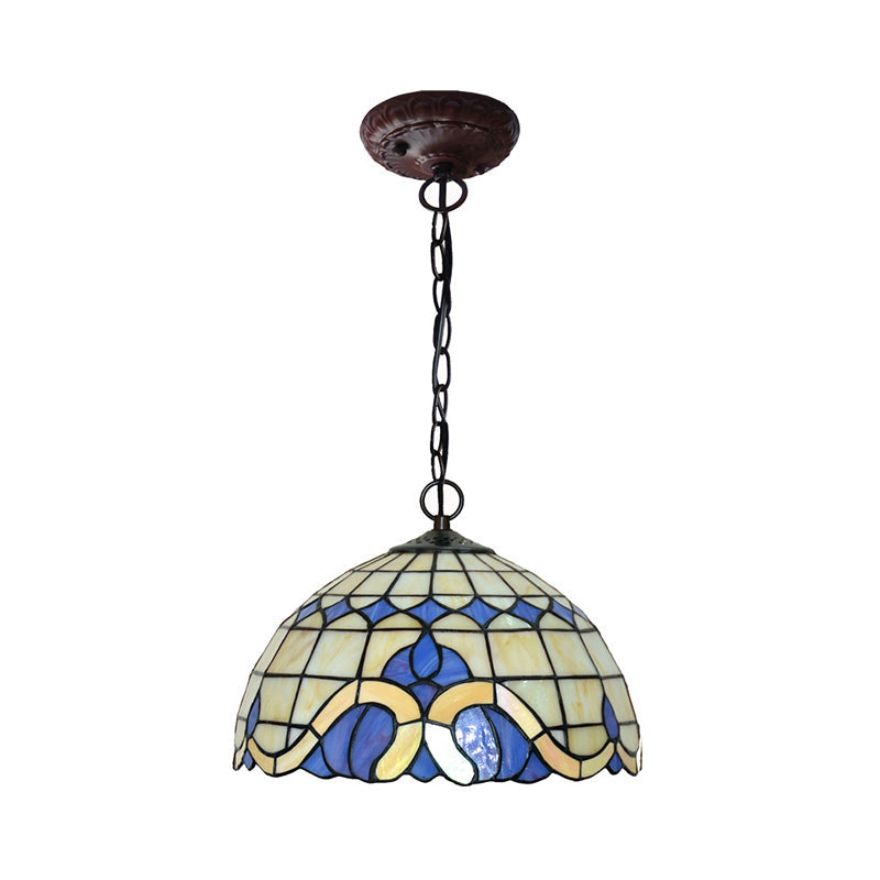 Tiffany-Style Blue Stained Glass Domed Drop Pendant Light - Coffee Chandelier For Dining Room (12/16