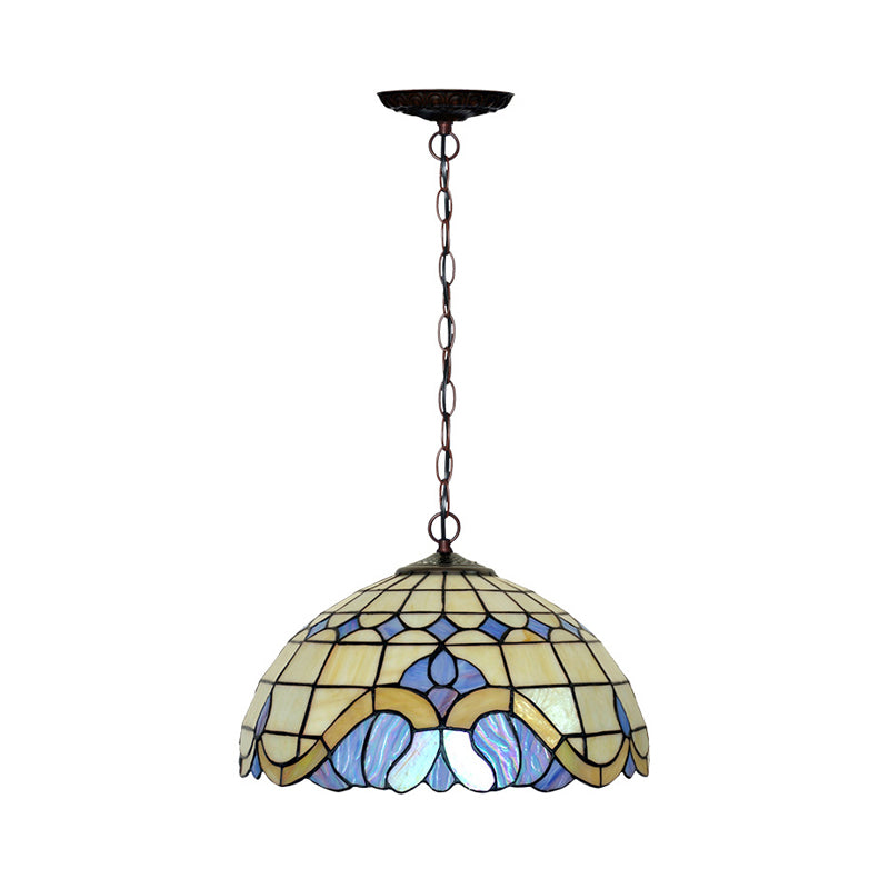 Tiffany-Style Blue Stained Glass Domed Drop Pendant Light - Coffee Chandelier For Dining Room (12/16