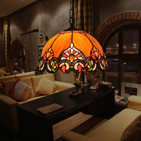 Victorian Domed Ceiling Pendant with 1 Light: Elegant Orange Cut Glass Hanging Light Kit for Living Room