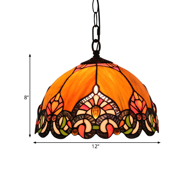 Victorian Domed Ceiling Pendant with 1 Light: Elegant Orange Cut Glass Hanging Light Kit for Living Room