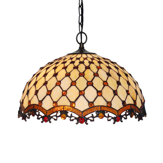 Mediterranean Beige Stained Glass Ceiling Lamp: Scalloped Design, 1 Light Suspension Pendant for Kitchen