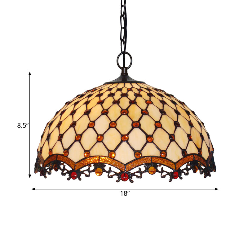 Mediterranean Beige Stained Glass Ceiling Lamp: Scalloped Design, 1 Light Suspension Pendant for Kitchen