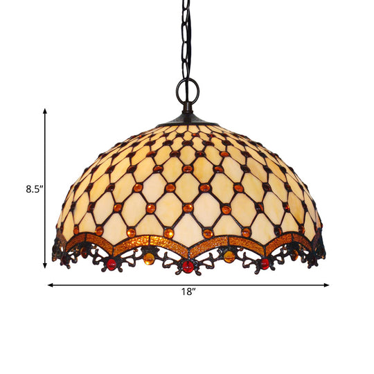 Beige Stained Glass Ceiling Lamp - Mediterranean Pendant Light For Kitchen