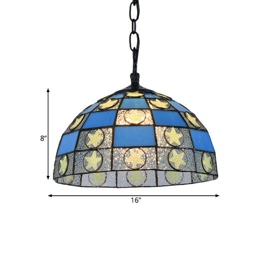 Star Hanging Lamp Kit - 12/16 Wide Black 1-Light Tiffany-Style Blue Glass Pendant Fixture