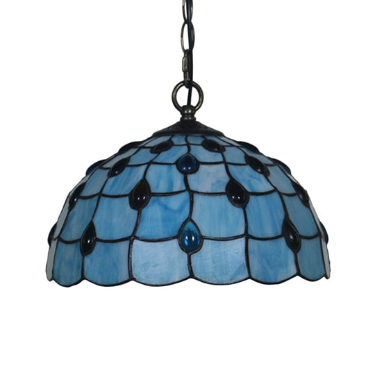 Stylish Tiffany Beaded Pendant Light For Dining Room - Blue/Silver Glass 12/16 Width 1