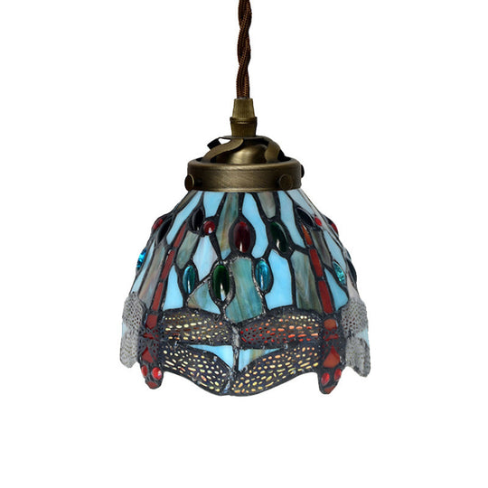 Baroque Dragonfly/Flower Stained Glass Pendant Light for Kitchen