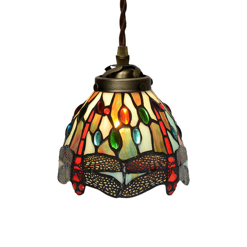 Baroque Dragonfly/Flower Stained Glass Pendant Light for Kitchen