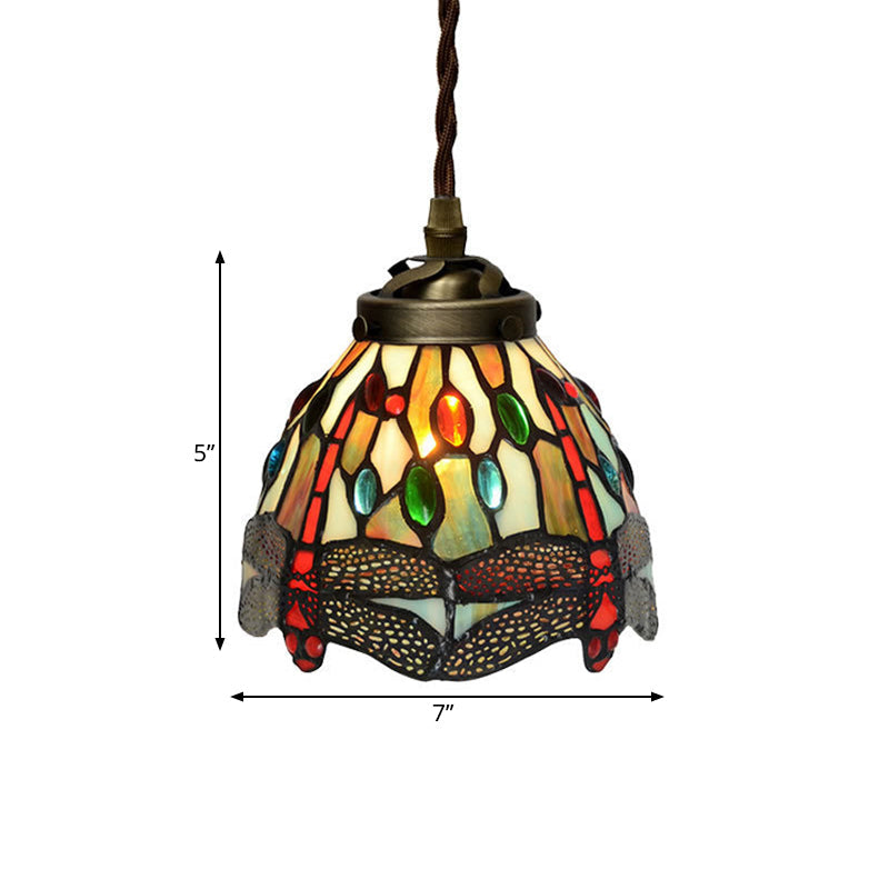 Baroque Dragonfly/Flower Stained Glass Pendant: Red/Green Kitchen Lighting Fixture