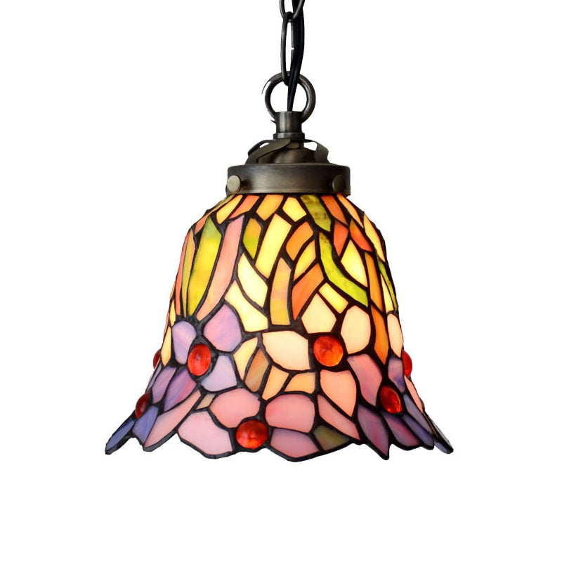 Mediterranean Red/Pink/Blue Cut Glass Bell Pendant Light for Kitchen