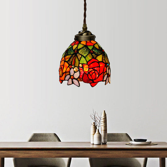 Tiffany Stained Glass Pendant Light - Red/Pink/Yellow Ceiling Lamp For Dining Room Red