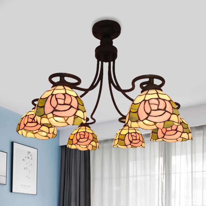 Tiffany Pink Cut Glass Semi Flush Mount Ceiling Light With 6 Rose Lights - Ideal For Bedroom