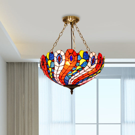 Mediterranean Brass Ceiling Lamp: Dome White/Red/Blue Stained Glass, Semi Flush Mount, 3 Lights - Perfect for Living Room