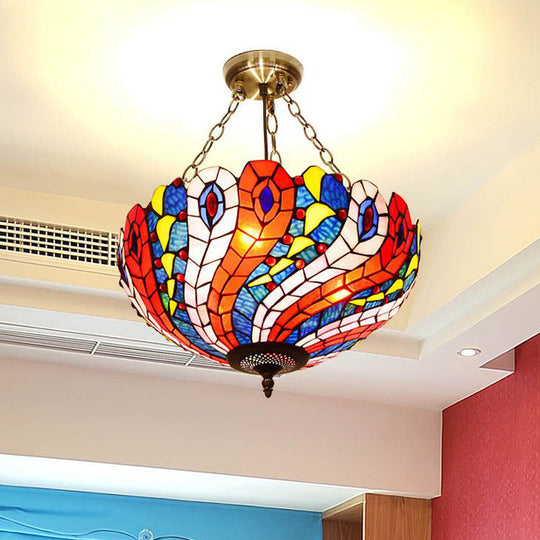 Mediterranean Brass Ceiling Lamp: Dome White/Red/Blue Stained Glass, Semi Flush Mount, 3 Lights - Perfect for Living Room