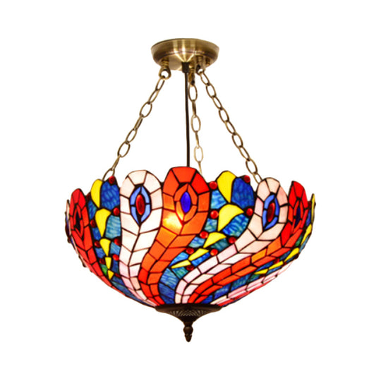 Mediterranean Brass Ceiling Lamp: Dome White/Red/Blue Stained Glass, Semi Flush Mount, 3 Lights - Perfect for Living Room