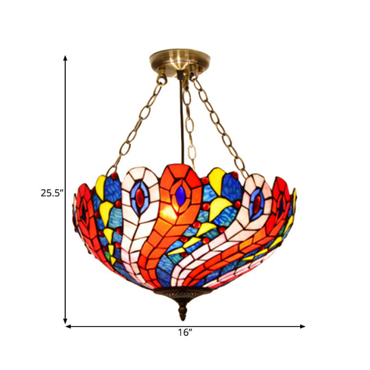 Mediterranean Brass Ceiling Lamp: Dome White/Red/Blue Stained Glass, Semi Flush Mount, 3 Lights - Perfect for Living Room