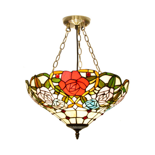 Mediterranean Brass Ceiling Lamp: Dome White/Red/Blue Stained Glass Semi Flush Mount 3 Lights -