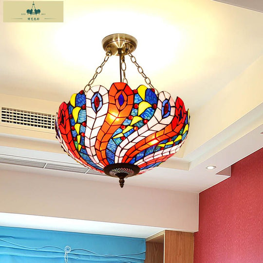 Mediterranean Brass Ceiling Lamp: Dome White/Red/Blue Stained Glass, Semi Flush Mount, 3 Lights - Perfect for Living Room