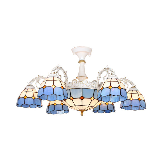 Baroque White/Blue/Silver Glass 9-Light Ceiling Light Fixture for Bedroom