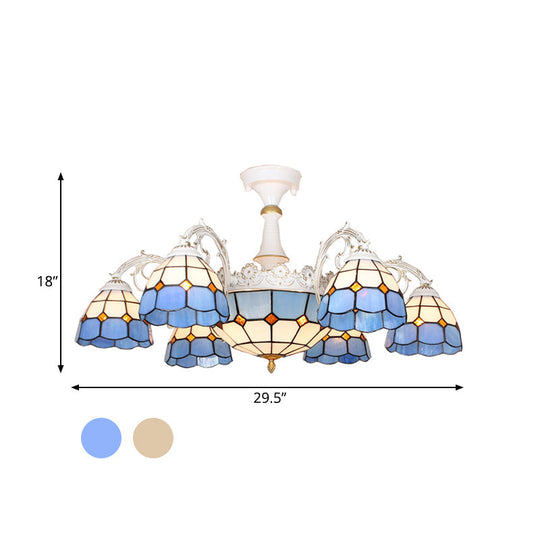 Baroque White/Blue/Silver Glass 9-Light Ceiling Light Fixture for Bedroom