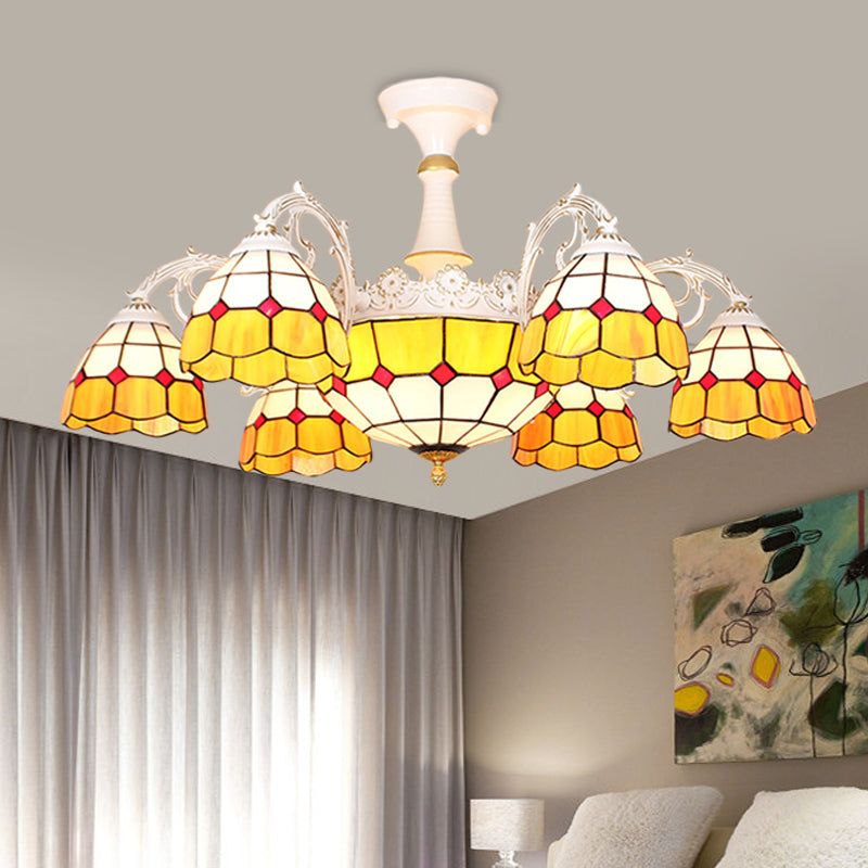 Semi Flush Baroque Ceiling Light - 9 Lights Grid Patterned Blue/Orange/Light Blue Cut Glass