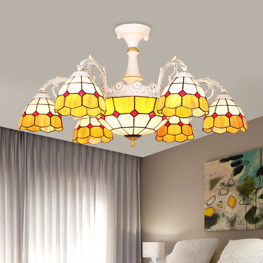 Semi Flush Baroque Ceiling Light - 9 Lights Grid Patterned Blue/Orange/Light Blue Cut Glass