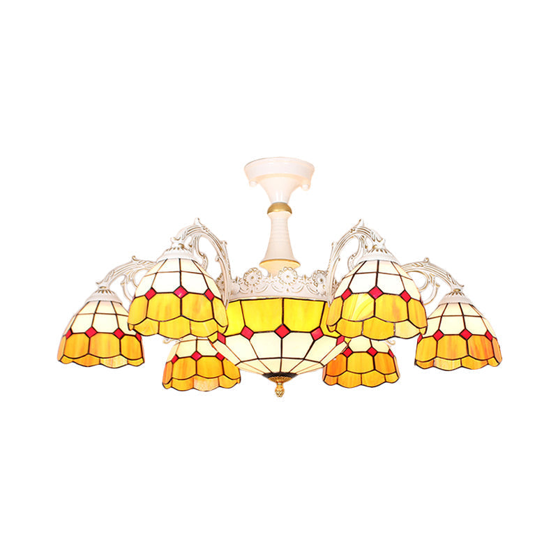 Semi Flush Baroque Ceiling Light - 9 Lights Grid Patterned Blue/Orange/Light Blue Cut Glass