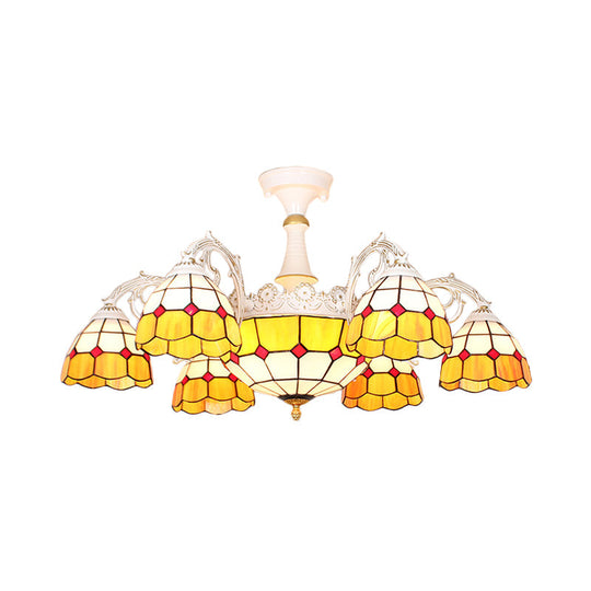 Semi Flush Baroque Ceiling Light - 9 Lights Grid Patterned Blue/Orange/Light Blue Cut Glass