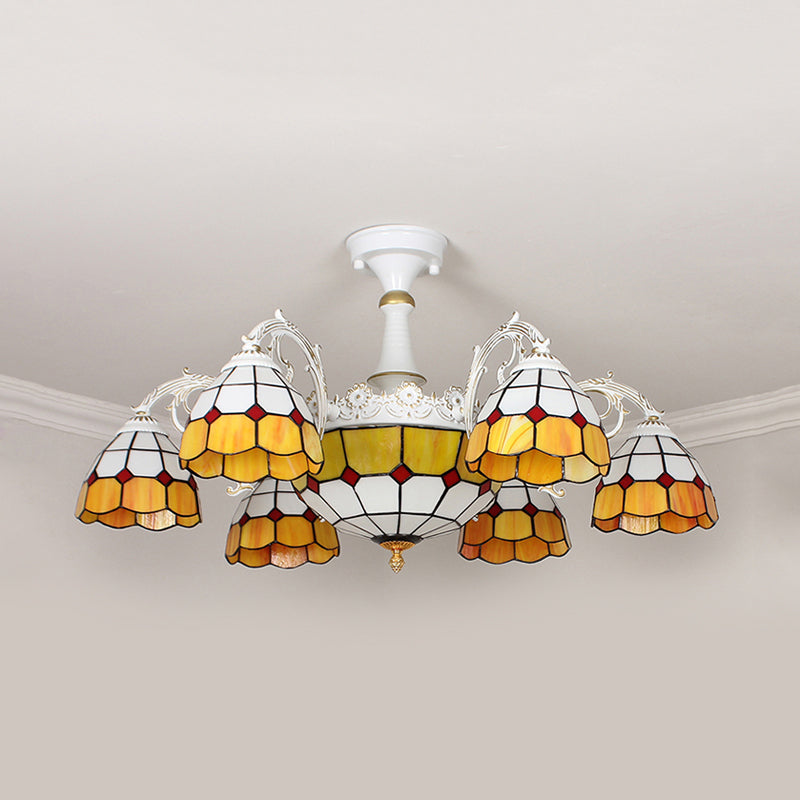 Semi Flush Baroque Ceiling Light - 9 Lights Grid Patterned Blue/Orange/Light Blue Cut Glass