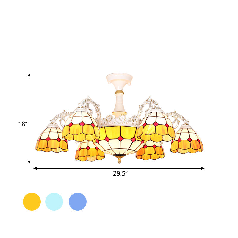 Semi Flush Baroque Ceiling Light - 9 Lights Grid Patterned Blue/Orange/Light Blue Cut Glass