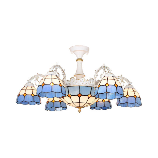 Semi Flush Baroque Ceiling Light - 9 Lights Grid Patterned Blue/Orange/Light Blue Cut Glass