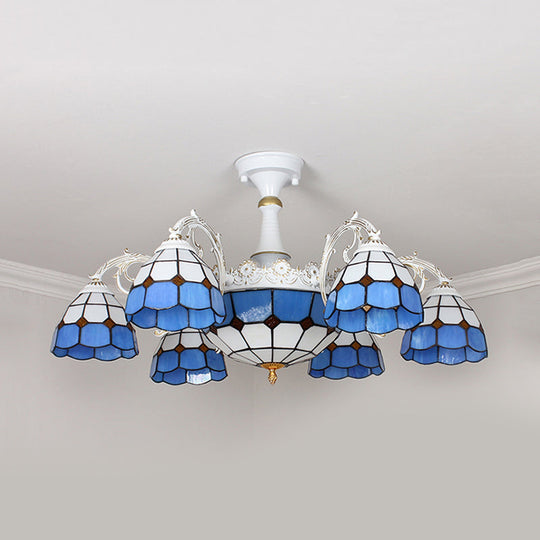 Semi Flush Baroque Ceiling Light - 9 Lights Grid Patterned Blue/Orange/Light Blue Cut Glass