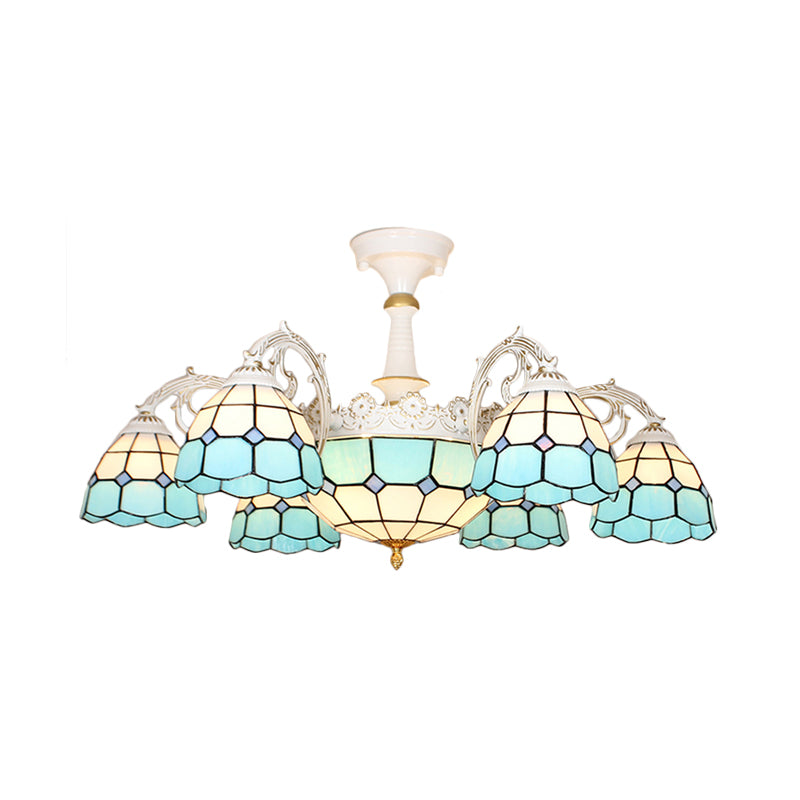 Semi Flush Baroque Ceiling Light - 9 Lights Grid Patterned Blue/Orange/Light Blue Cut Glass