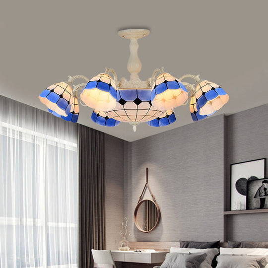 Tiffany-Style Semi Flush Ceiling Lamp: Grid Patterned Blue Cut Glass - Ideal for Living Room Décor (9/14 Lights)