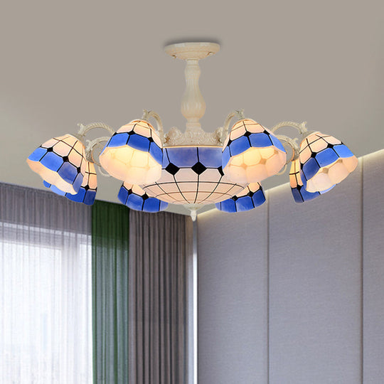 Tiffany-Style Semi Flush Ceiling Lamp: Grid Patterned Blue Cut Glass - Ideal for Living Room Décor (9/14 Lights)