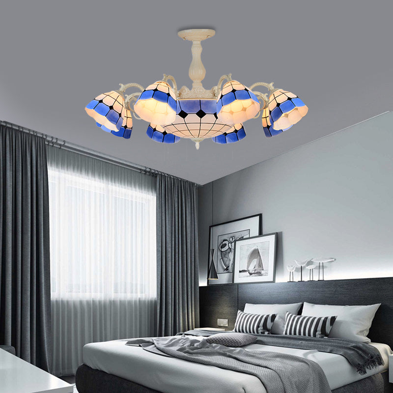 Tiffany-Style Semi Flush Ceiling Lamp: Grid Patterned Blue Cut Glass - Ideal for Living Room Décor (9/14 Lights)