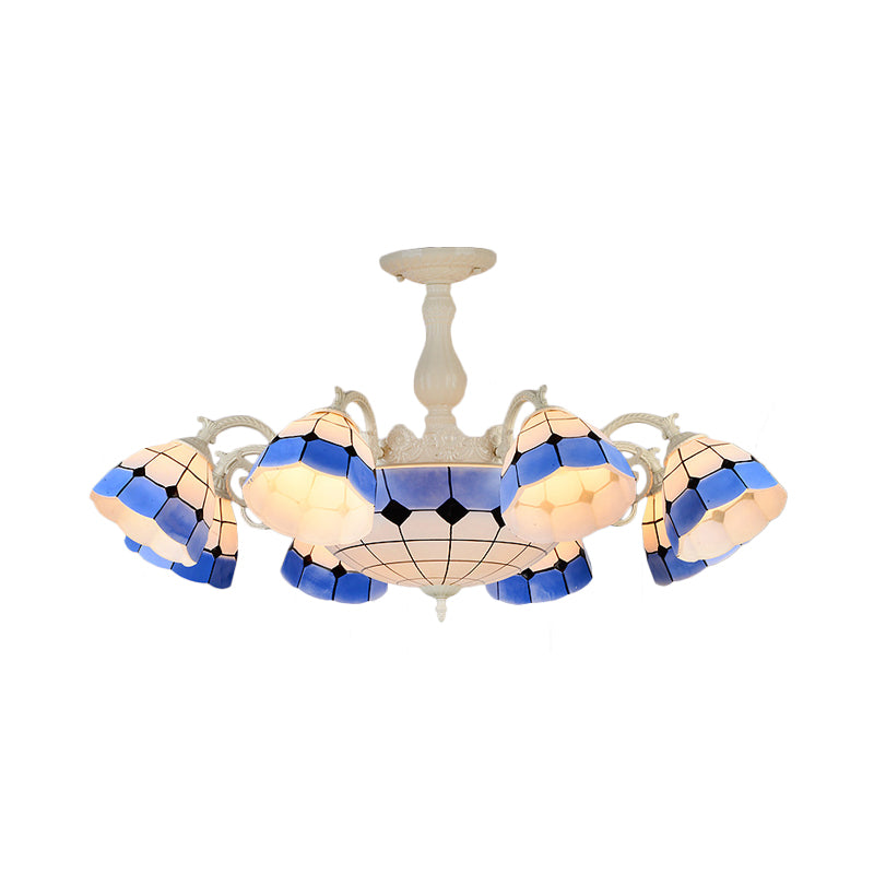 Tiffany-Style Semi Flush Ceiling Lamp: Grid Patterned Blue Cut Glass - Ideal for Living Room Décor (9/14 Lights)