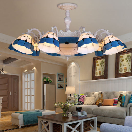 Tiffany-Style Semi Flush Ceiling Lamp: Grid Patterned Blue Cut Glass - Ideal for Living Room Décor (9/14 Lights)