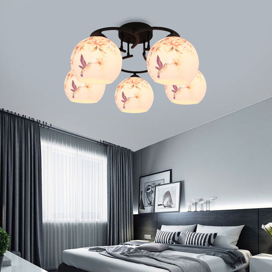 Mediterranean 5-Light Semi Flush Cut Glass Ceiling Lamp with Floral and Animal Motifs