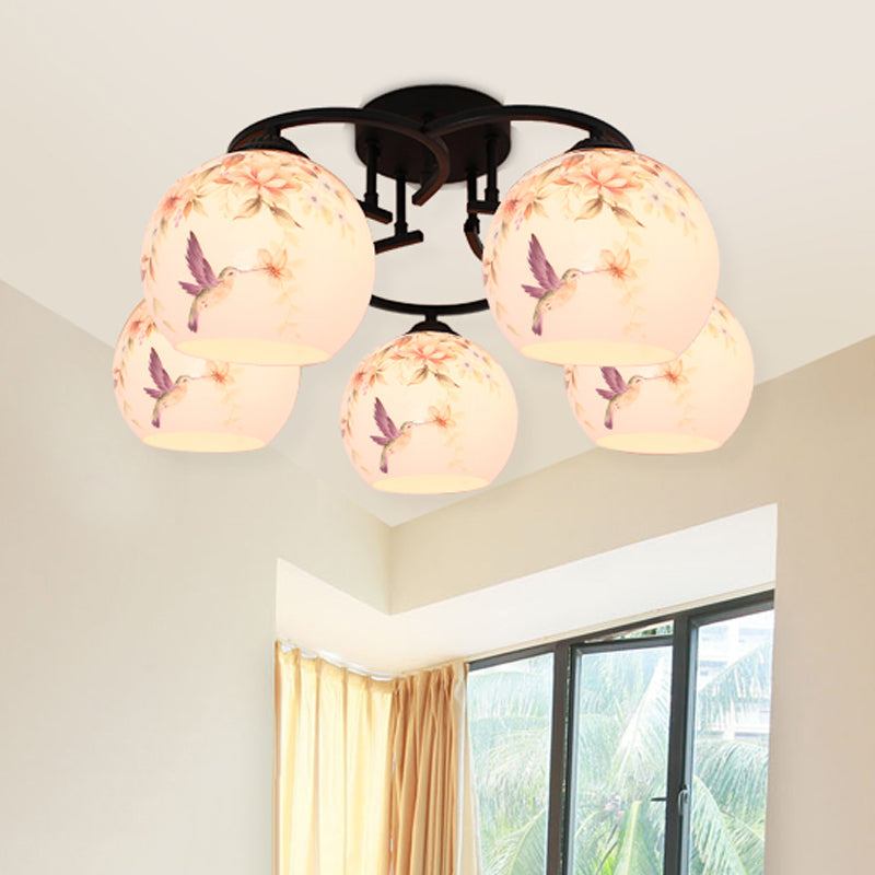 Mediterranean 5-Light Semi Flush Cut Glass Ceiling Lamp with Floral and Animal Motifs