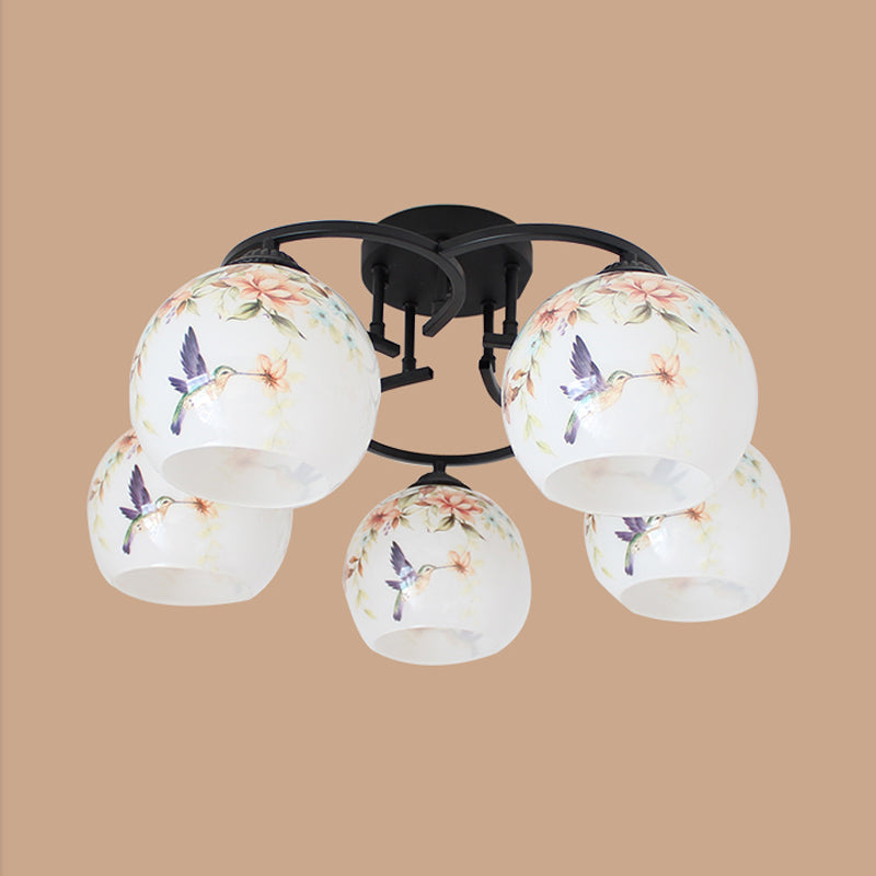 Mediterranean 5-Light Semi Flush Cut Glass Ceiling Lamp with Floral and Animal Motifs