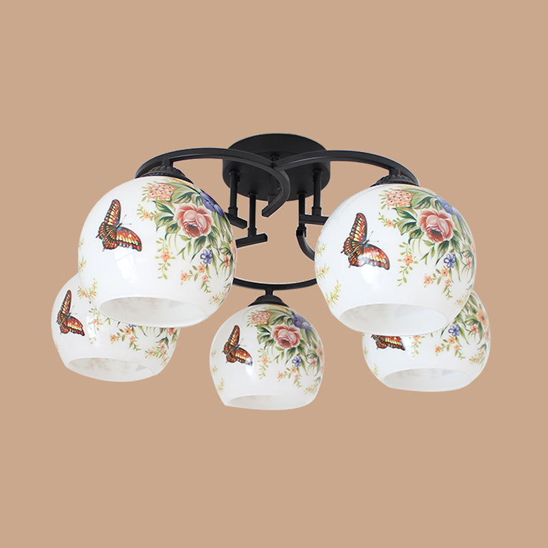 Mediterranean 5-Light Semi Flush Cut Glass Ceiling Lamp with Floral and Animal Motifs